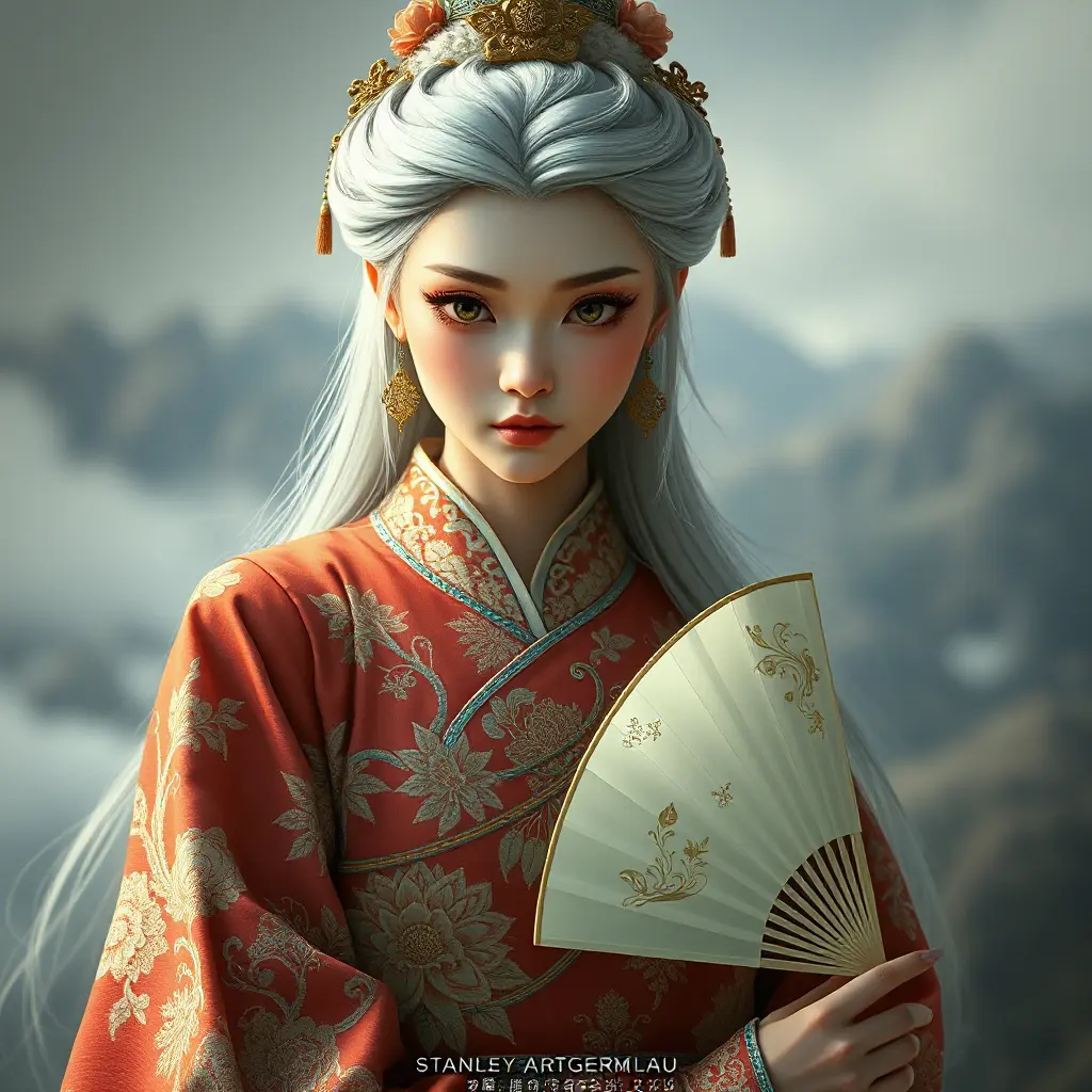 An ancient beauty with snowy white hair, dressed in an intricately embroidered traditional Chinese qipao, holding a jade fan while looking towards the viewer, Highly Detailed, Half Body, Gorgeous, Stunning, Elegant by Stanley Artgerm Lau