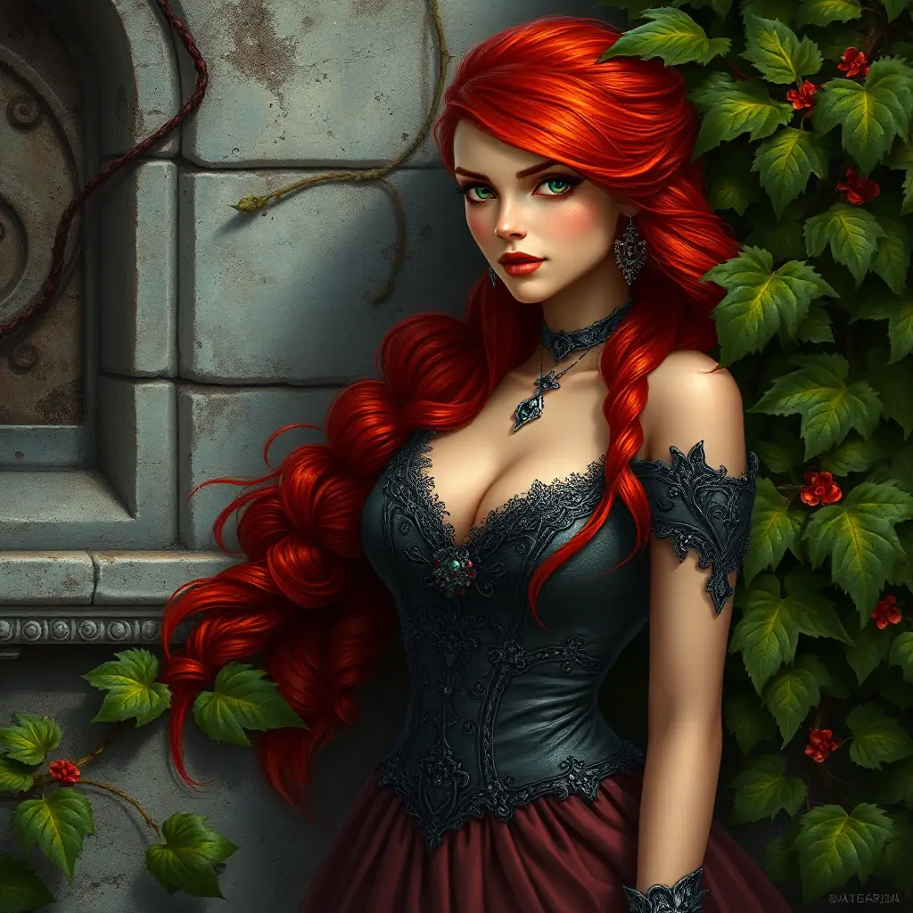 A bewitching beauty with sharp features and fiery red hair, leaning against an ancient, ivy-covered wall, Highly Detailed, Half Body, Gorgeous, Stunning, Elegant by Stanley Artgerm Lau