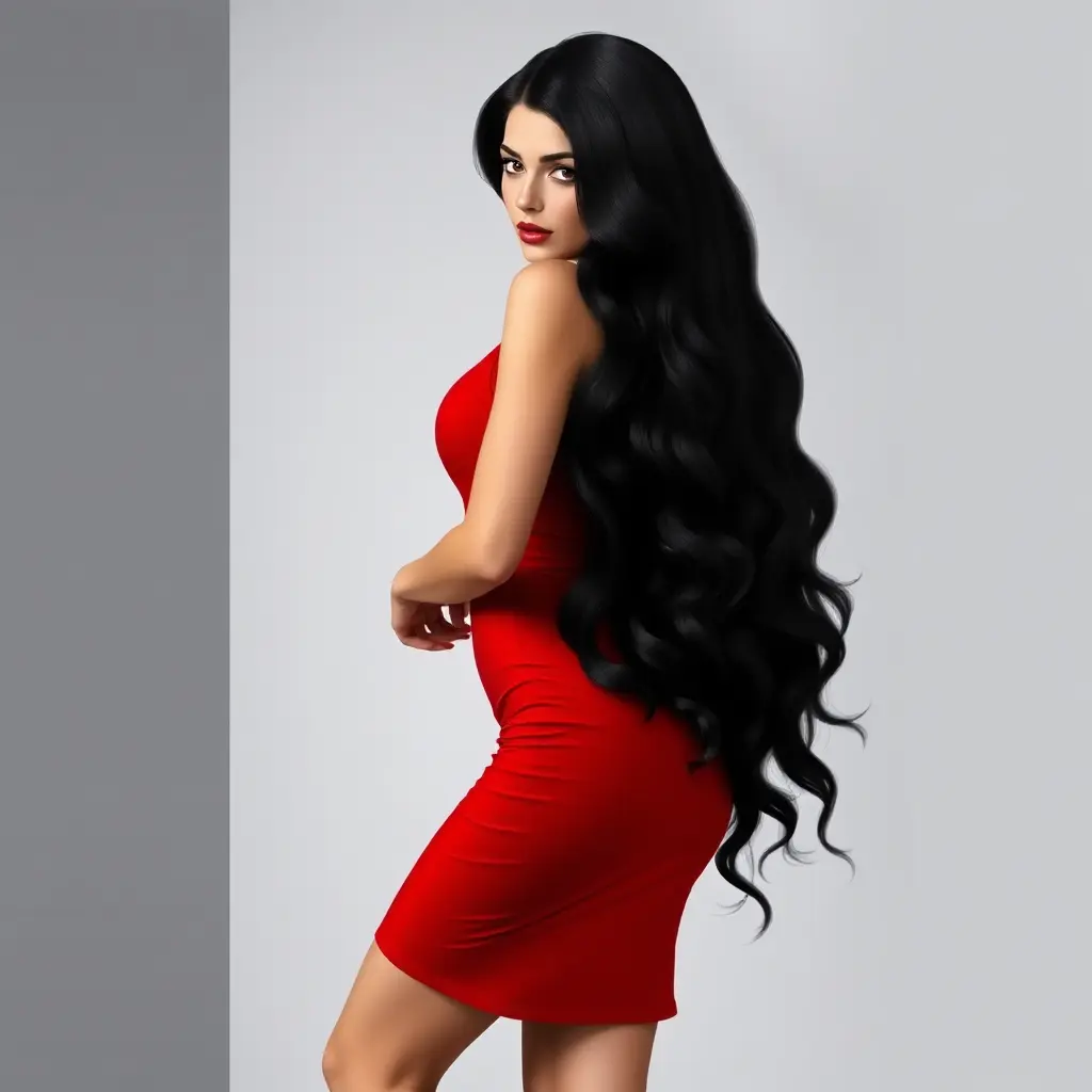 A gorgeous woman with porcelain skin and raven-black hair, wearing a fitted red dress and high heels, Highly Detailed, Half Body, Gorgeous, Stunning, Elegant