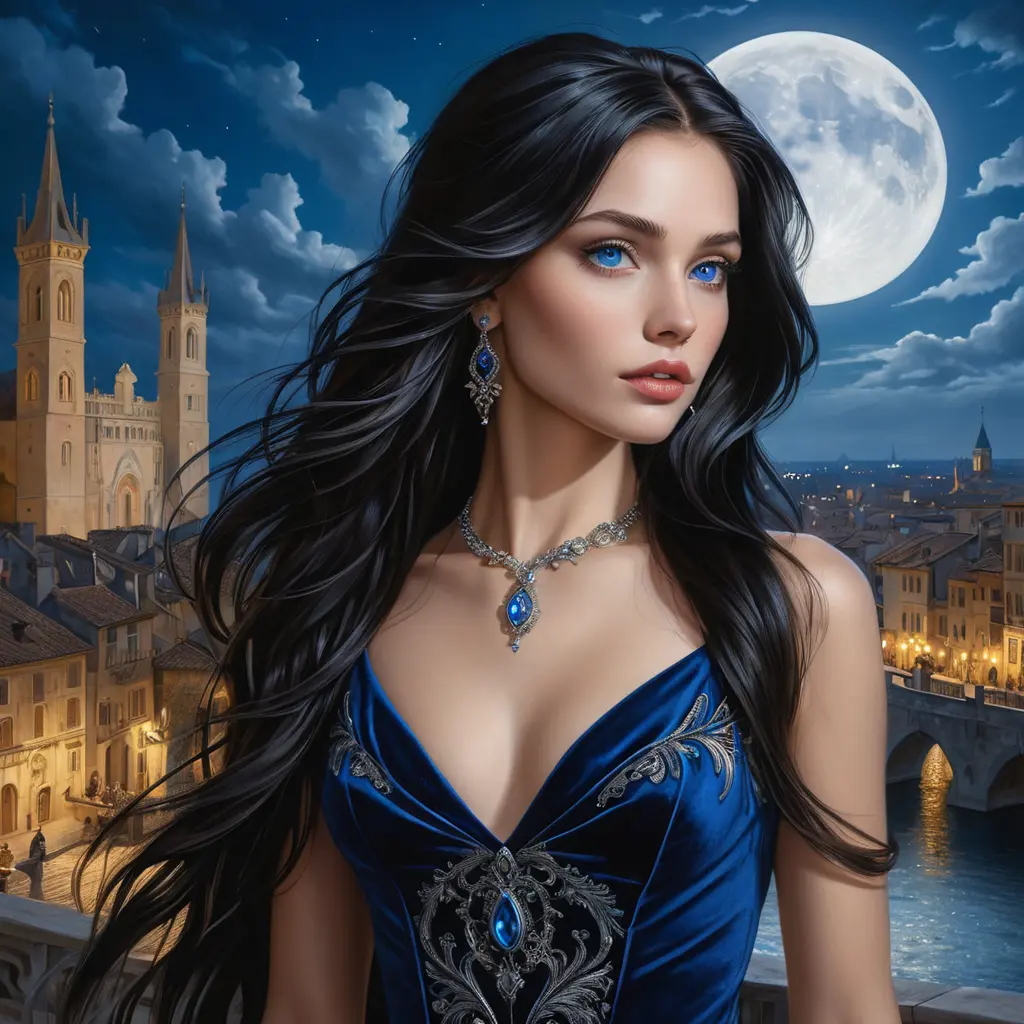 A mysterious woman with long raven hair, piercing blue eyes, and a form-fitting velvet dress, set against a backdrop of a moonlit Renaissance cityscape, Highly Detailed, Half Body, Gorgeous, Stunning, Elegant by Stanley Artgerm Lau