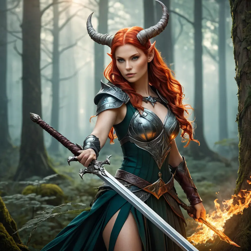 A gorgeous woman with horns and fiery red hair, wielding a sword in a mystical forest, Highly Detailed, Half Body, Gorgeous, Stunning, Elegant