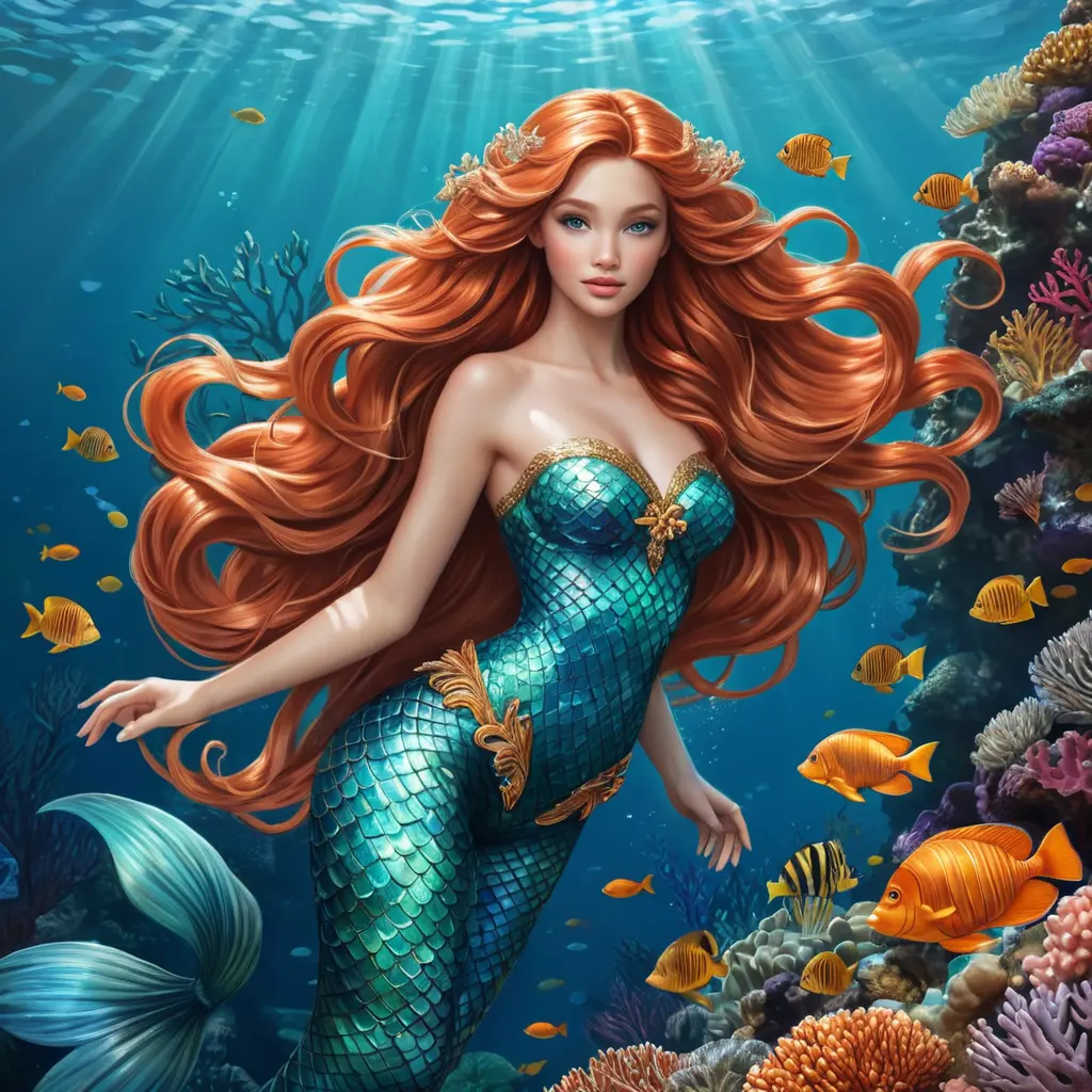 a whimsical mermaid with shimmering scales and a flowing auburn mane, swimming amidst coral reefs, Highly Detailed, Half Body, Gorgeous, Stunning, Elegant by Stanley Artgerm Lau