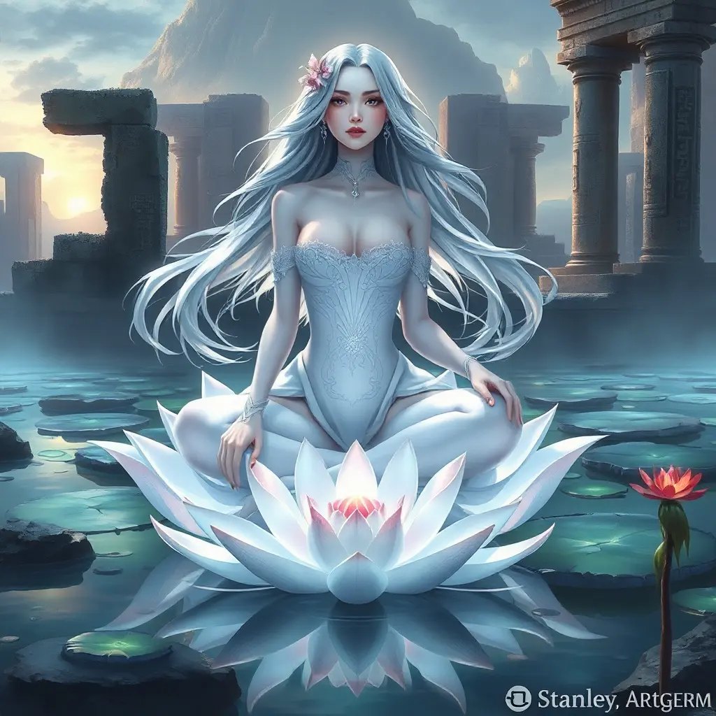 A serene depiction of a woman with pale lavender skin and flowing silver hair, sitting lotus-positioned atop a tranquil lotus flower in an otherworldly, bioluminescent pond, surrounded by ancient stone ruins., Highly Detailed, Half Body, Gorgeous, Stunning, Elegant by Stanley Artgerm Lau