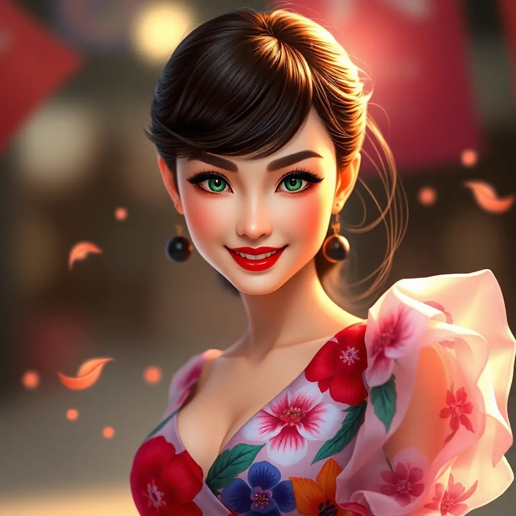 A vibrant brunette with striking green eyes, sporting a bright red lipsticked smile, wearing a bold floral print dress that complements her lively personality, Highly Detailed, Half Body, Gorgeous, Stunning, Elegant by Stanley Artgerm Lau