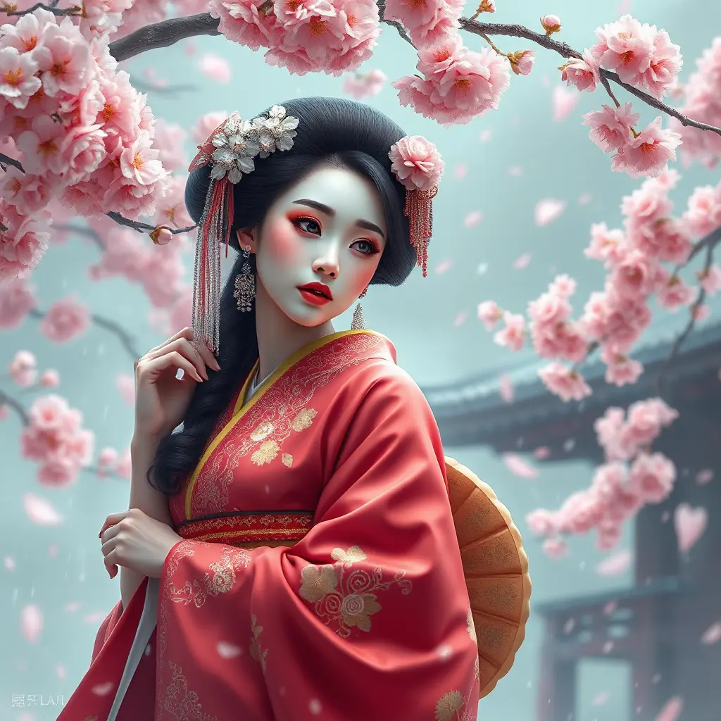 A graceful Japanese geisha in traditional attire during a cherry blossom storm, Highly Detailed, Half Body, Gorgeous, Stunning, Elegant by Stanley Artgerm Lau