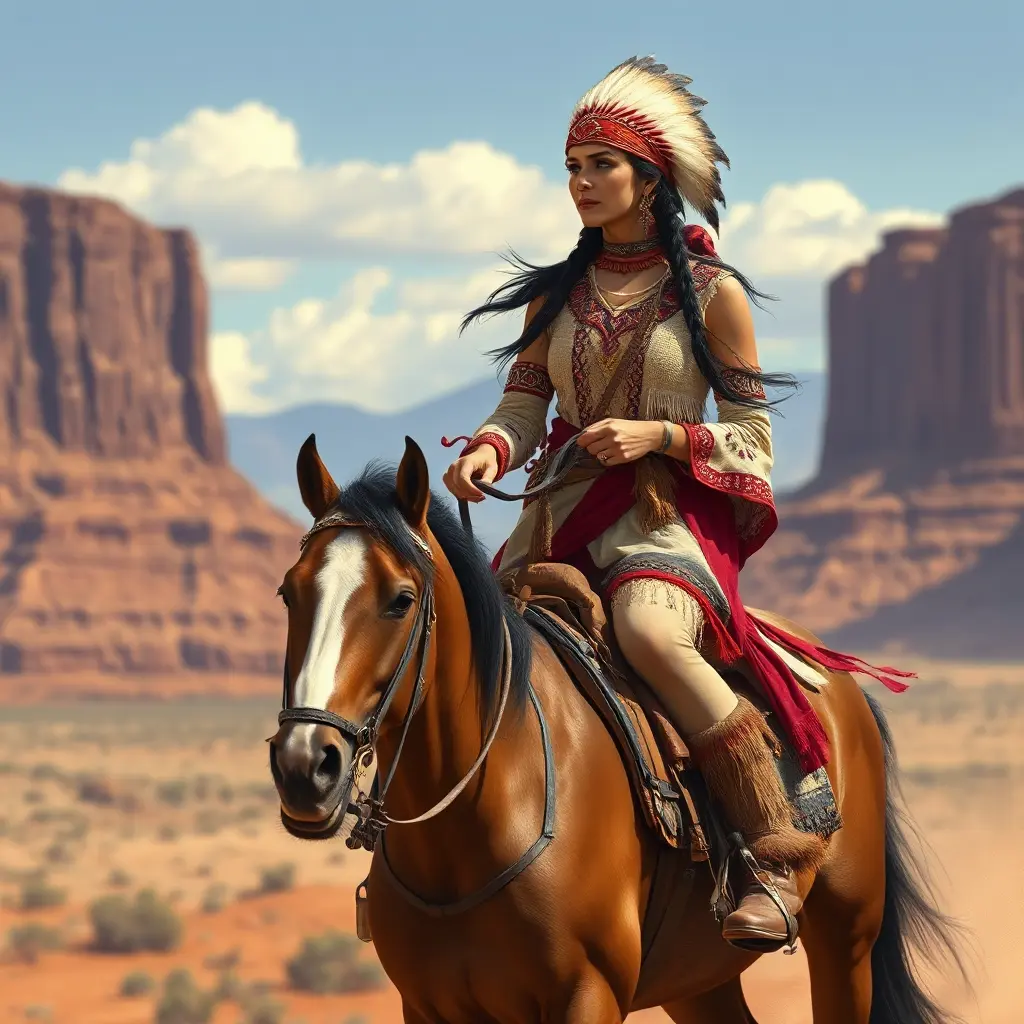 A regal Native American woman riding horseback through Monument Valley, Highly Detailed, Half Body, Gorgeous, Stunning, Elegant by Stanley Artgerm Lau