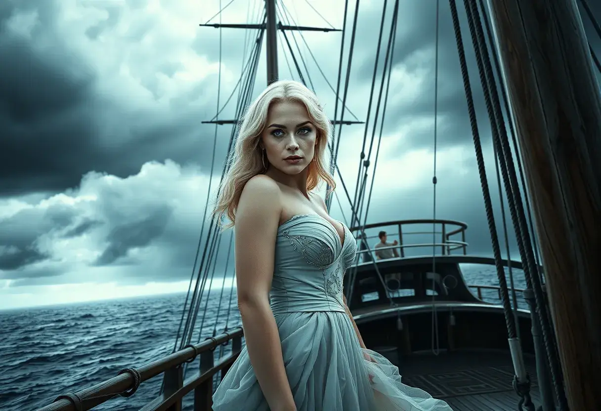 A cinematic still featuring a woman with striking blue eyes and platinum blonde hair, dressed in an elegant gown, standing confidently at the prow of a majestic sailing ship under stormy skies, Highly Detailed, Intricate, Half Body, Realistic