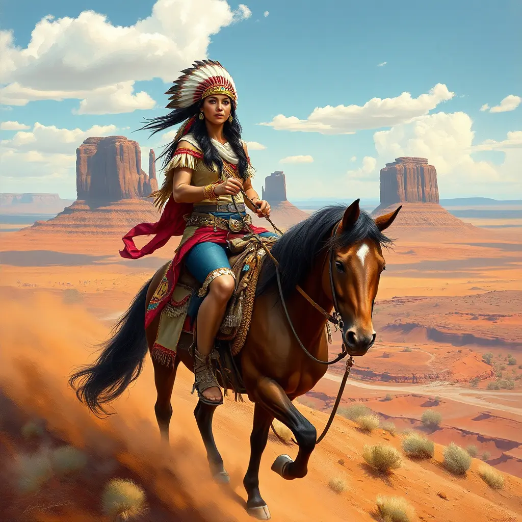 A regal Native American woman riding horseback through Monument Valley, Highly Detailed, Half Body, Gorgeous, Stunning, Elegant by Stanley Artgerm Lau