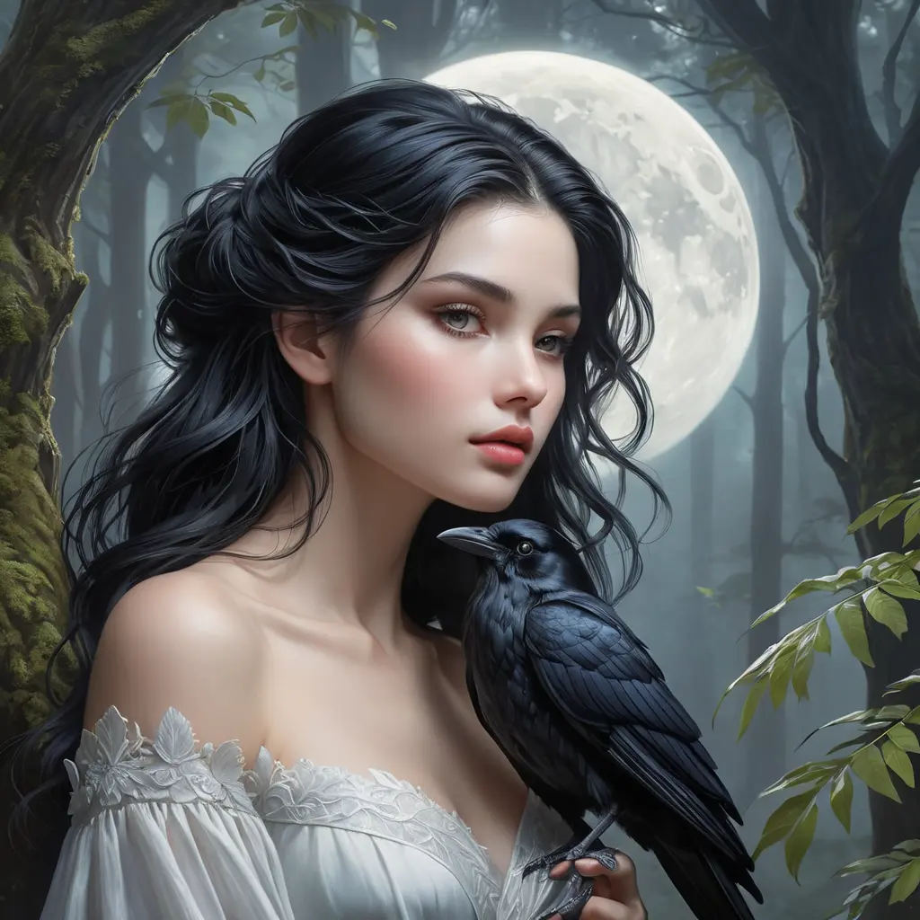 A serene moonlit beauty with porcelain skin and raven hair, lost in thought beneath a misty forest canopy., Highly Detailed, Half Body, Gorgeous, Stunning, Elegant by Stanley Artgerm Lau