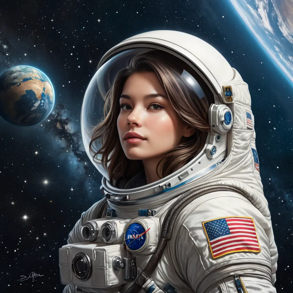 An inspiring astronaut floating among stars with Earth as her backdrop, Highly Detailed, Half Body, Gorgeous, Stunning, Elegant by Stanley Artgerm Lau