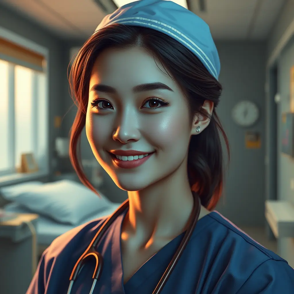 A gentle and compassionate nurse with a kind smile and warm, honey-brown eyes, set against a cozy and intimate hospital room, Highly Detailed, Half Body, Gorgeous, Stunning, Elegant by Stanley Artgerm Lau