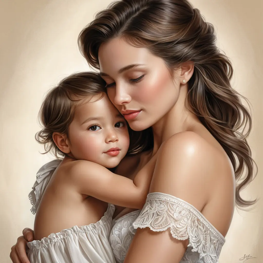 a loving woman embracing her child, Highly Detailed, Half Body, Gorgeous, Stunning, Elegant by Stanley Artgerm Lau