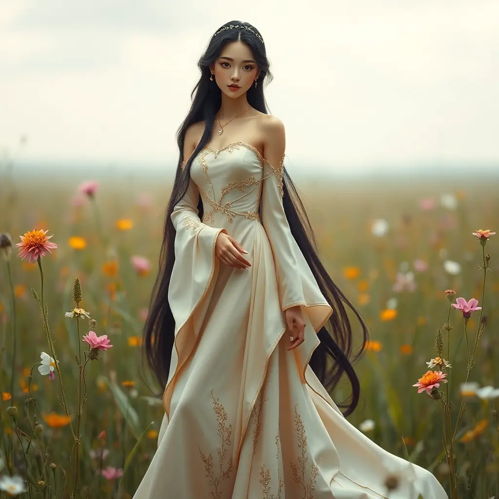 An ethereal beauty with long black hair, dressed in a delicate silk gown adorned with subtle golden accents, standing amidst a field of wildflowers, Highly Detailed, Half Body, Gorgeous, Stunning, Elegant by Stanley Artgerm Lau