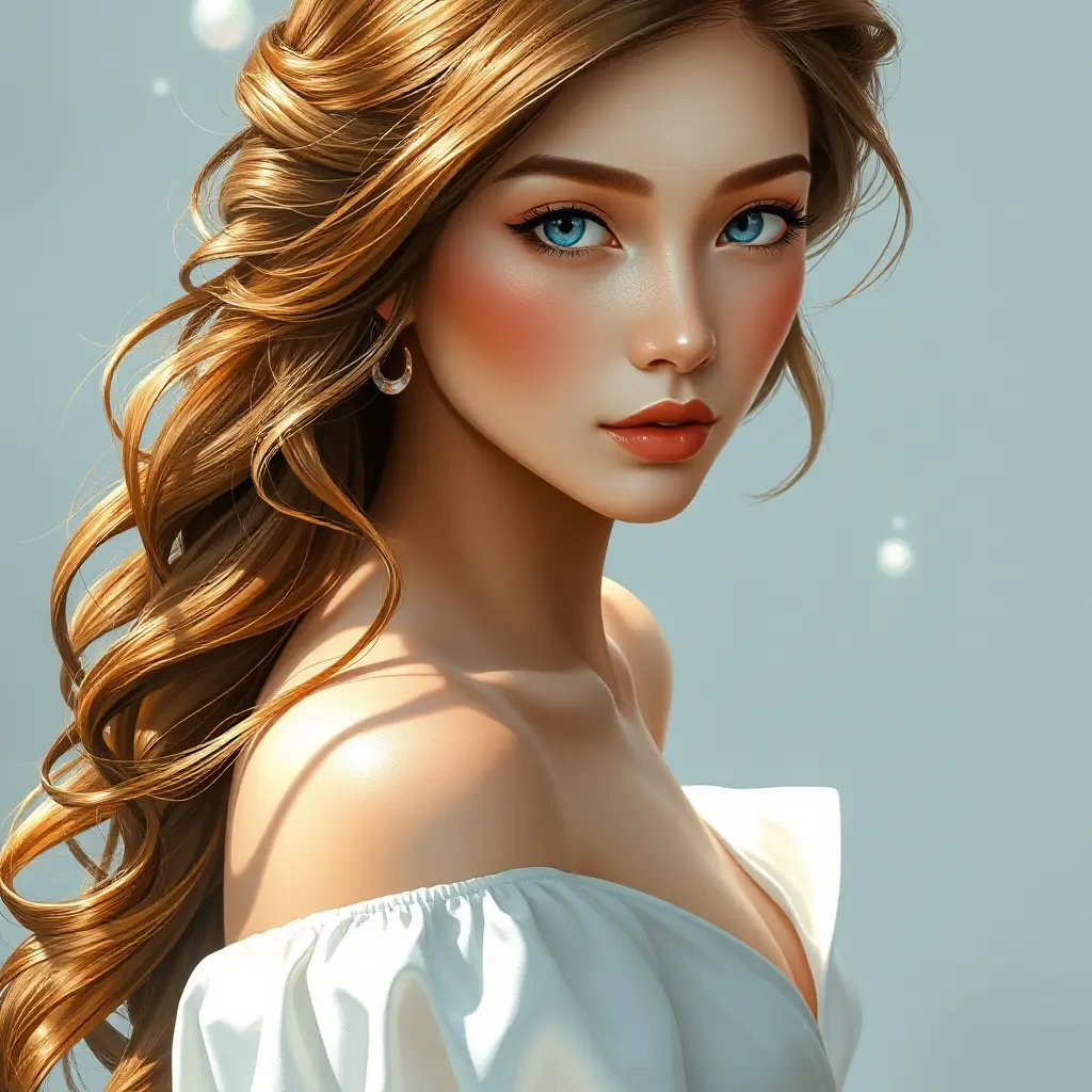 A woman with cascading chestnut brown hair, her eyes sparkling like sapphires, wearing a flowing white dress that catches the light, Highly Detailed, Half Body, Gorgeous, Stunning, Elegant by Stanley Artgerm Lau