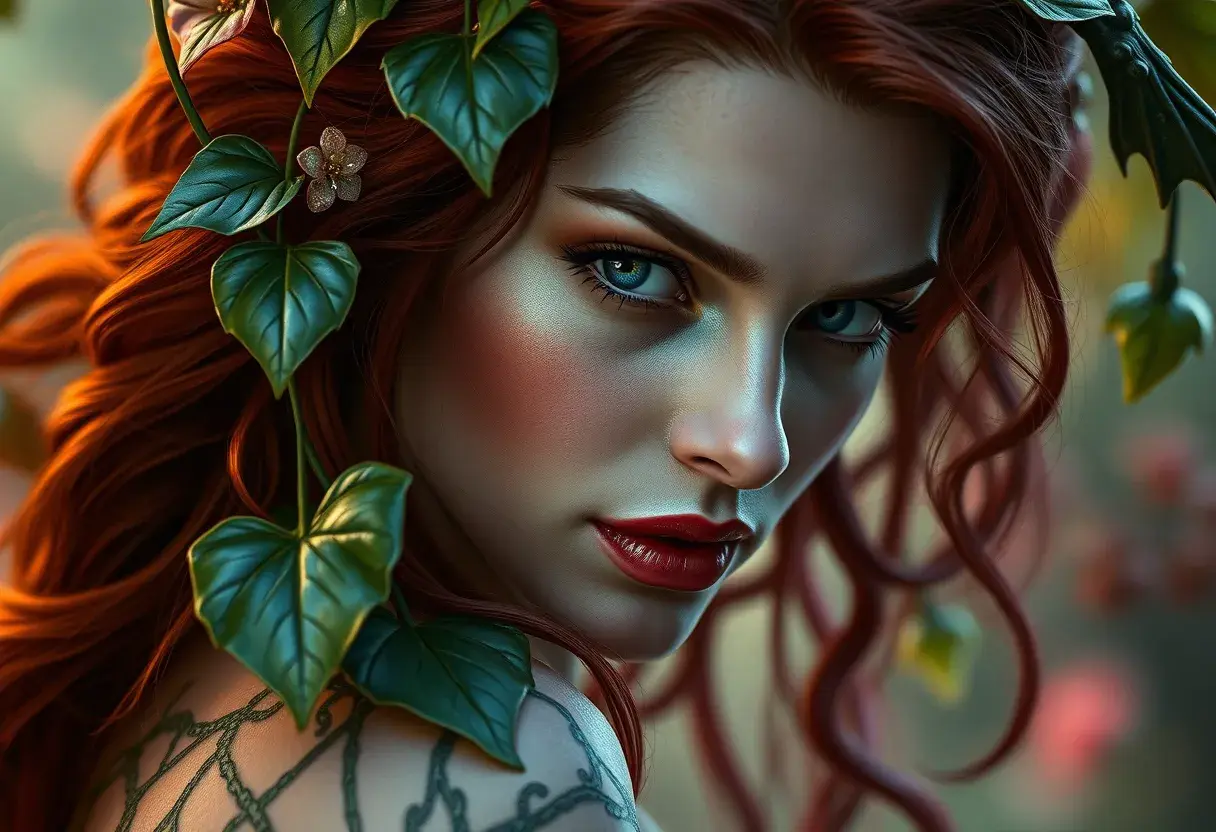 Alluring matte portrait of Poison Ivy in the style of Stefan Kostic, 8k, Highly Detailed, Intricate, Half Body, Matte Painting, Realistic, Sharp Focus, Fantasy by Greg Rutkowski