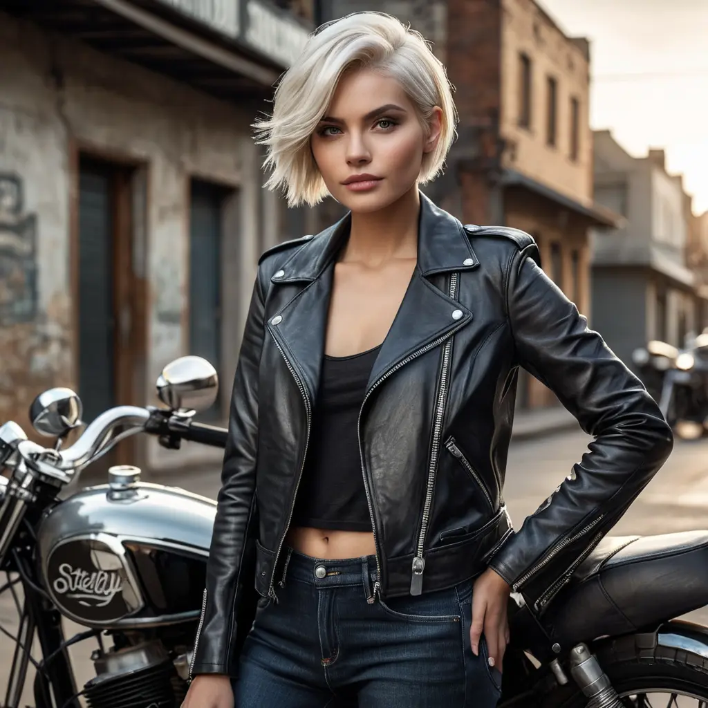 A striking woman with short platinum blonde hair, wearing a chic black leather jacket, leaning against a vintage motorcycle, gritty urban background, bold and edgy, cinematic lighting, Highly Detailed, Half Body, Gorgeous, Stunning, Elegant by Stanley Artgerm Lau