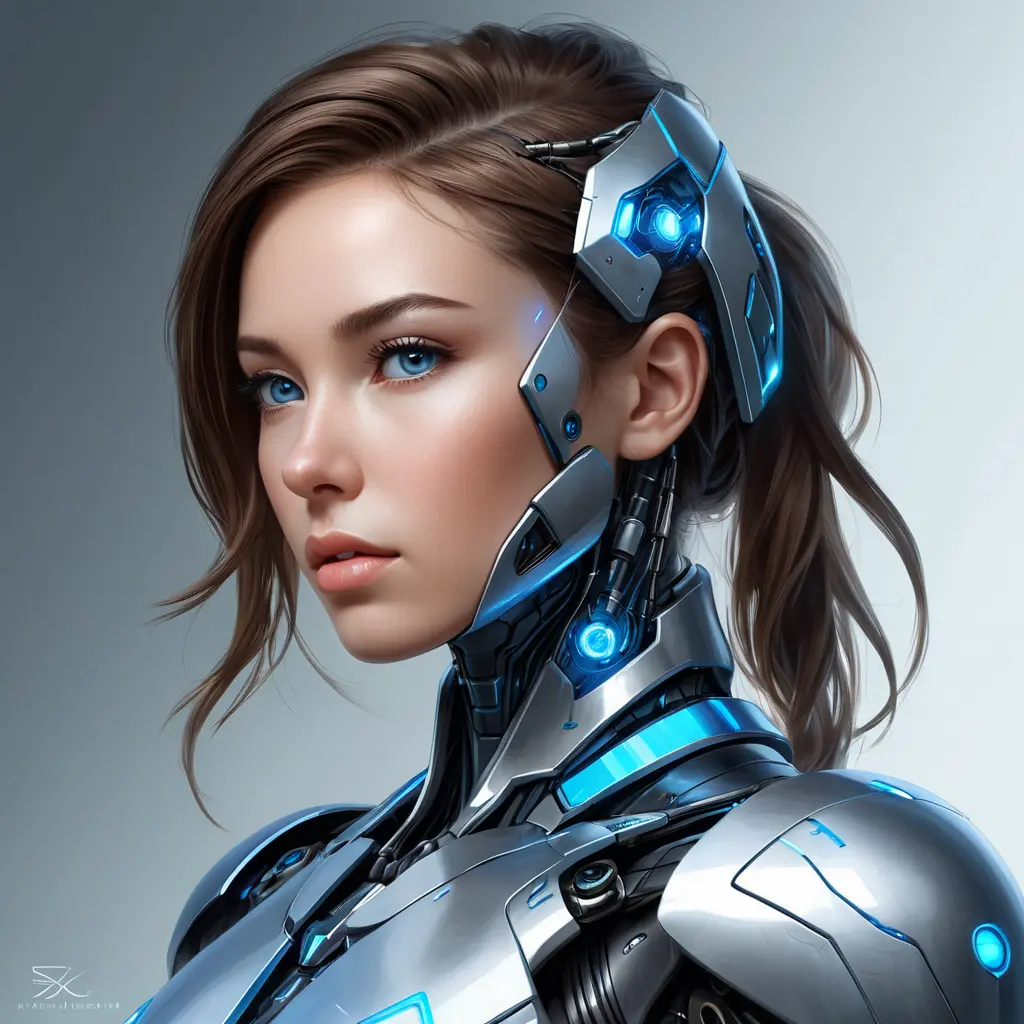 a futuristic cyborg with glowing blue circuitry and sharp, angular features, staring intently into the distance, Highly Detailed, Half Body, Gorgeous, Stunning, Elegant by Stanley Artgerm Lau