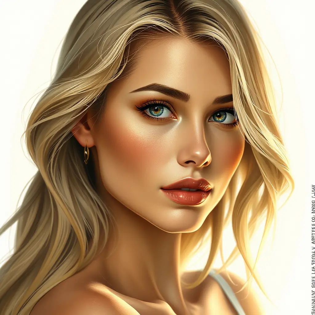 A classically beautiful woman with golden blonde hair, sparkling hazel eyes, and a timeless grace, embodying perfection and beauty, Highly Detailed, Half Body, Gorgeous, Stunning, Elegant by Stanley Artgerm Lau