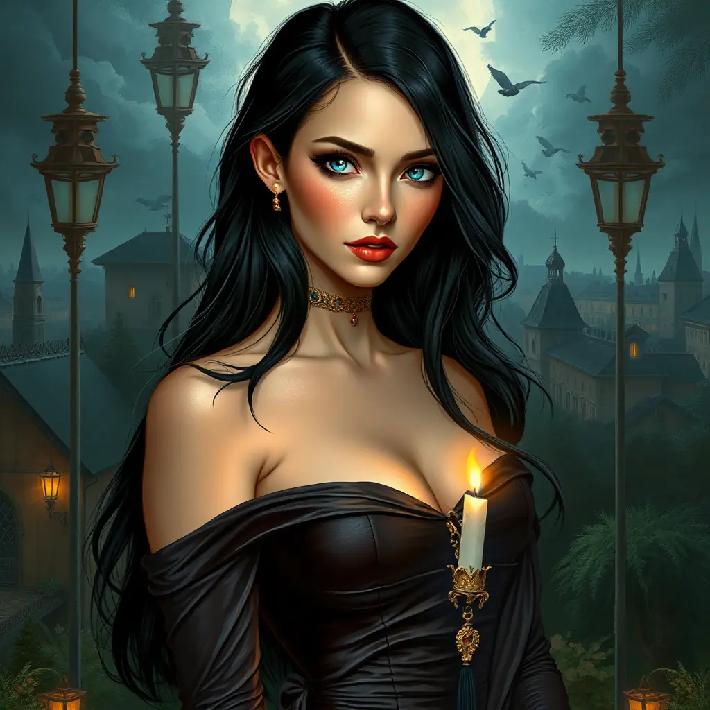 A mysterious woman with long raven hair, piercing blue eyes, and a form-fitting velvet dress, set against a backdrop of a moonlit Renaissance cityscape, Highly Detailed, Half Body, Gorgeous, Stunning, Elegant by Stanley Artgerm Lau