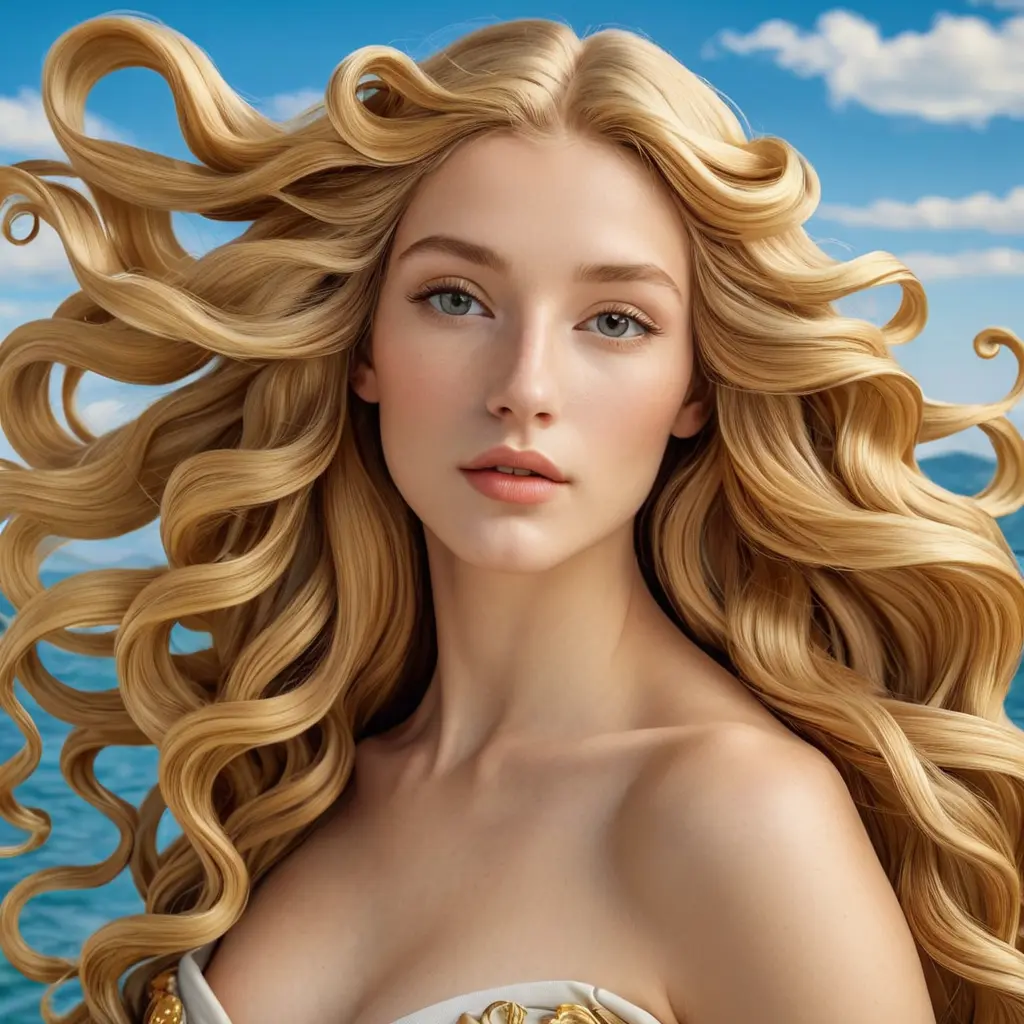 A beautiful woman inspired by the style of Botticelli's 'The Birth of Venus', with golden skin and flowing blonde hair, Highly Detailed, Half Body, Gorgeous, Stunning, Elegant