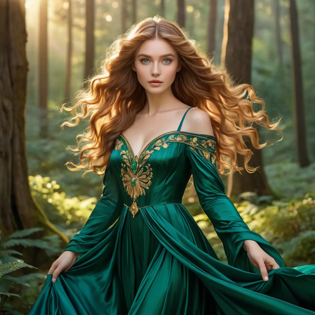 A radiant woman with flowing sun-kissed hair, emerald eyes, and a flowing silk gown, reminiscent of a Pre-Raphaelite masterpiece, in a serene forest at golden hour, Highly Detailed, Half Body, Gorgeous, Stunning, Elegant by Stanley Artgerm Lau