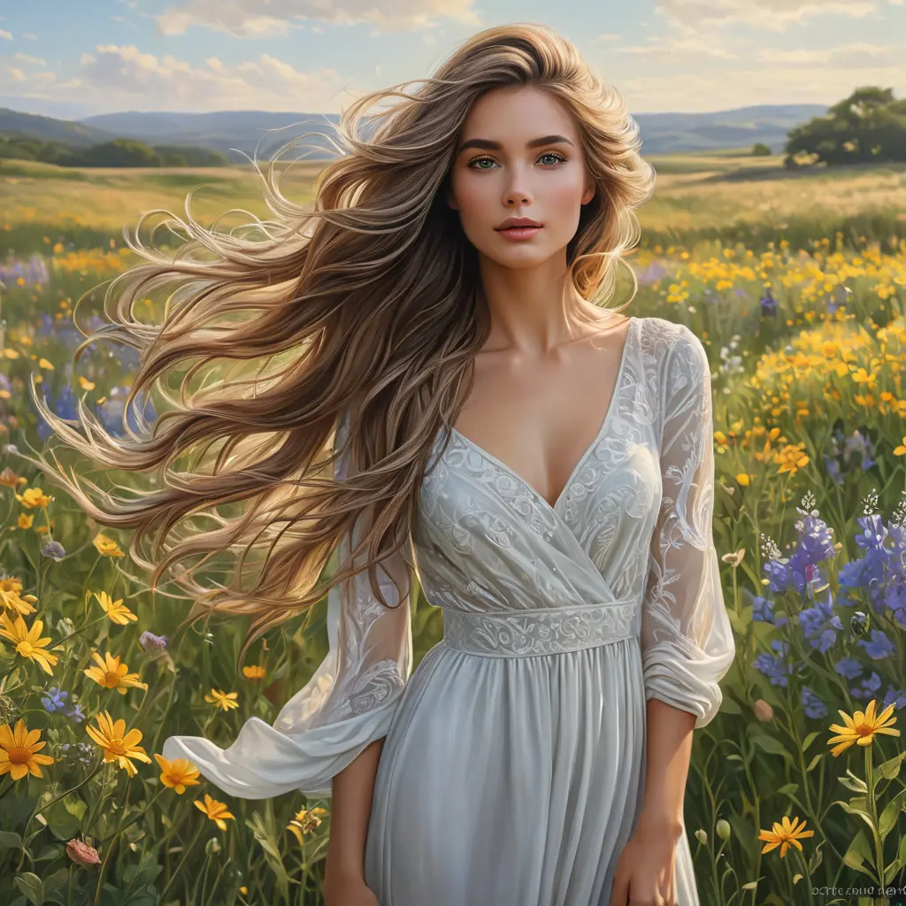 a beautiful woman with flowing hair, standing in a field of wildflowers, Highly Detailed, Half Body, Gorgeous, Stunning, Elegant by Stanley Artgerm Lau