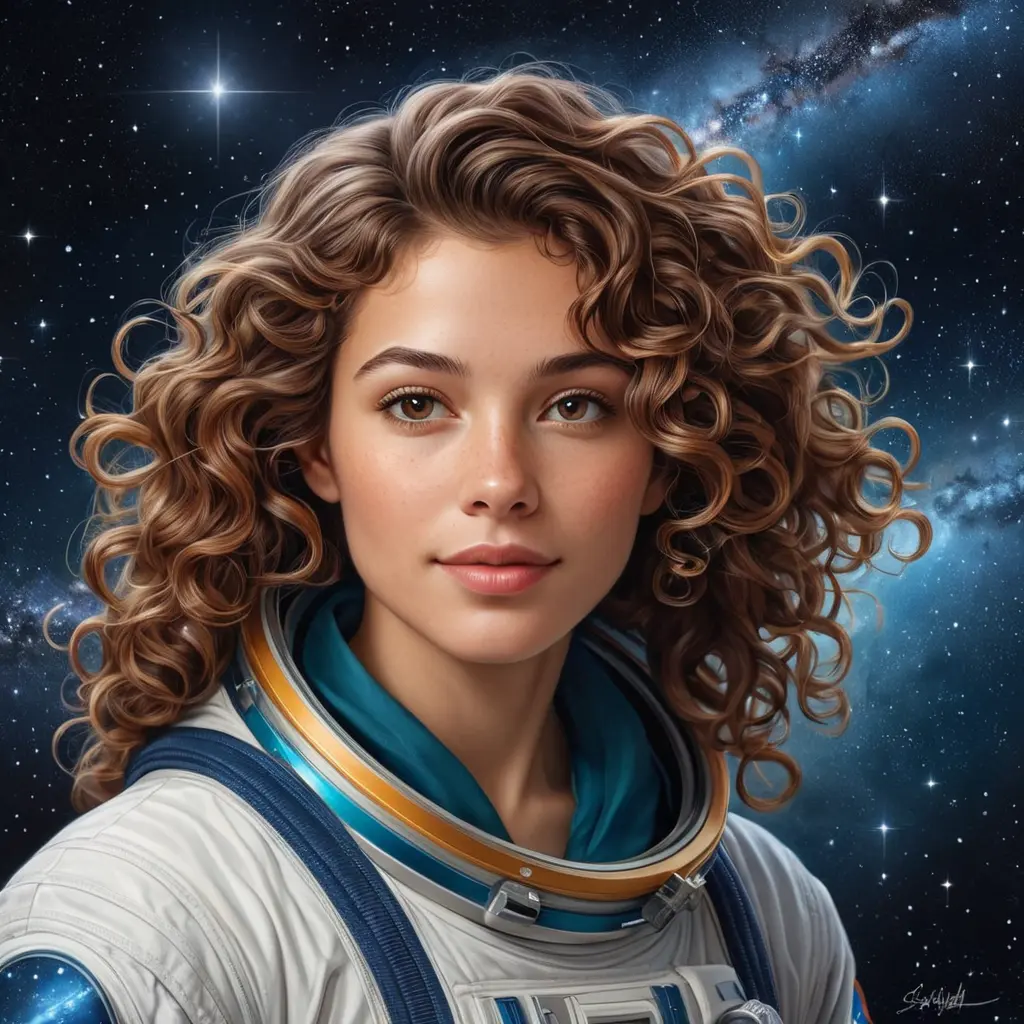 A brilliant and adventurous astrophysicist with an infectious enthusiasm and wild, curly brown hair, set against the breathtaking backdrop of a starry galaxy, Highly Detailed, Half Body, Gorgeous, Stunning, Elegant by Stanley Artgerm Lau