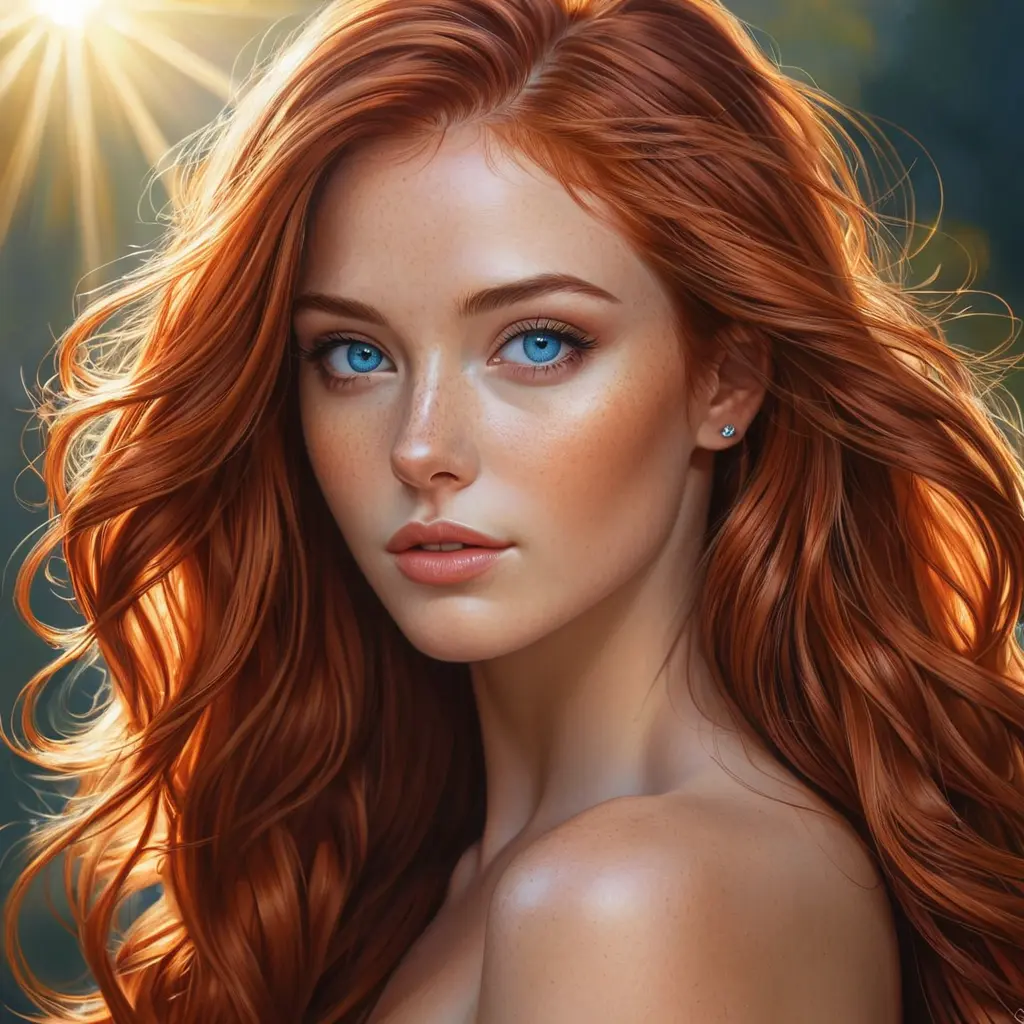 a stunningly beautiful woman with flowing red hair and piercing blue eyes, illuminated by warm sunlight, Highly Detailed, Half Body, Gorgeous, Stunning, Elegant by Stanley Artgerm Lau