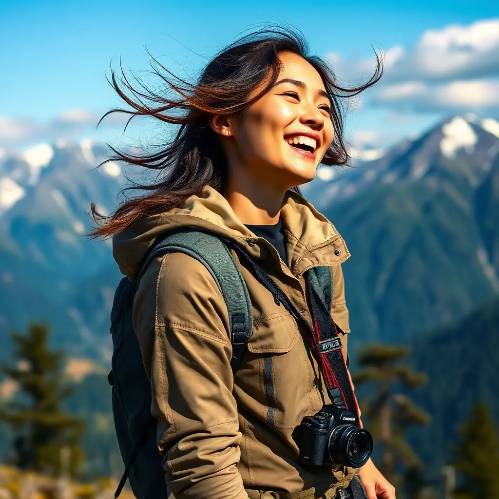 An adventurous explorer woman against a breathtaking mountain backdrop, wearing hiking gear, her joyful laughter echoing through the air, wind tousling her hair and a camera slung around her neck., Highly Detailed, Half Body, Gorgeous, Stunning, Elegant by Stanley Artgerm Lau