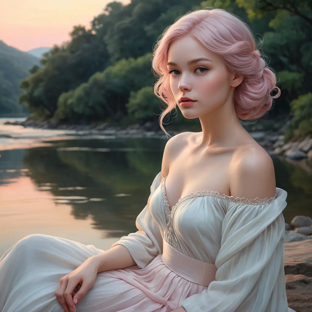 A delicate woman with a tranquil gaze and soft pink hair, seated beside a gently flowing river at dusk, Highly Detailed, Half Body, Gorgeous, Stunning, Elegant by Stanley Artgerm Lau