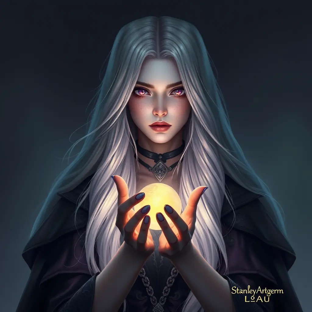 a mysterious sorceress with long silver hair and piercing violet eyes, holding a glowing orb in her hands, Highly Detailed, Half Body, Gorgeous, Stunning, Elegant by Stanley Artgerm Lau