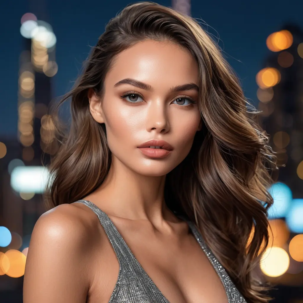 a captivating model with high cheekbones and full lips, posing for a fashion photoshoot against a backdrop of city lights, Highly Detailed, Half Body, Gorgeous, Stunning, Elegant by Stanley Artgerm Lau