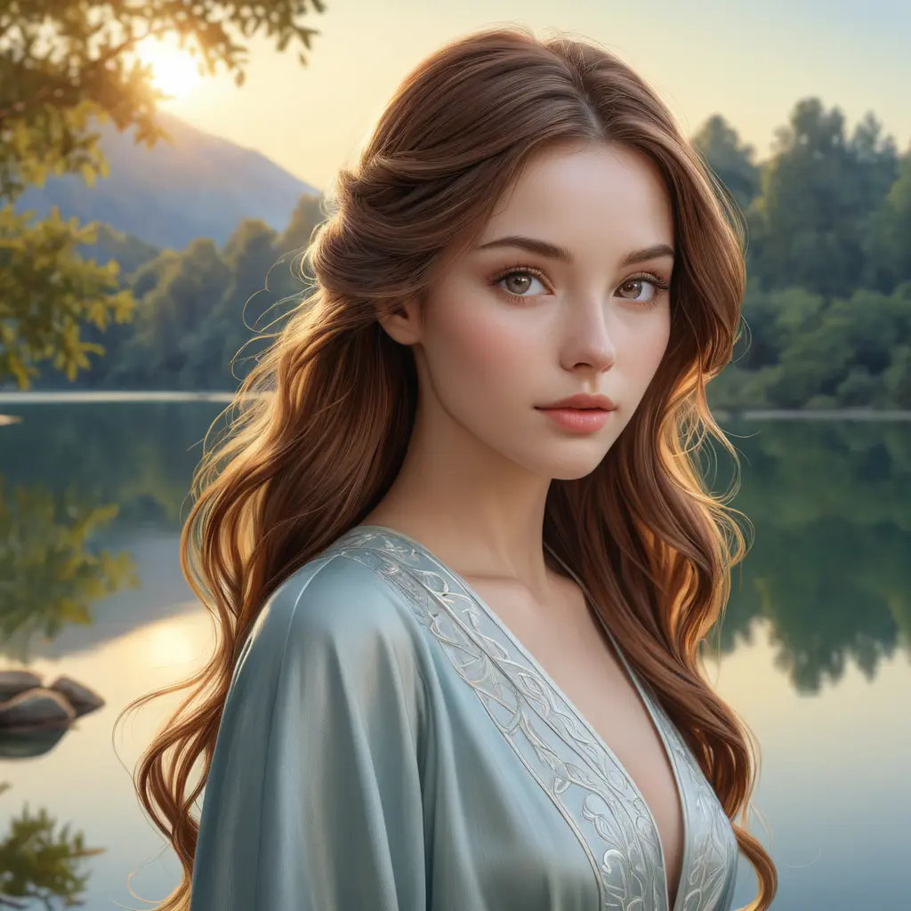 A serene beauty with almond-shaped eyes and flowing chestnut hair, standing by a tranquil lake at dawn, Highly Detailed, Half Body, Gorgeous, Stunning, Elegant by Stanley Artgerm Lau