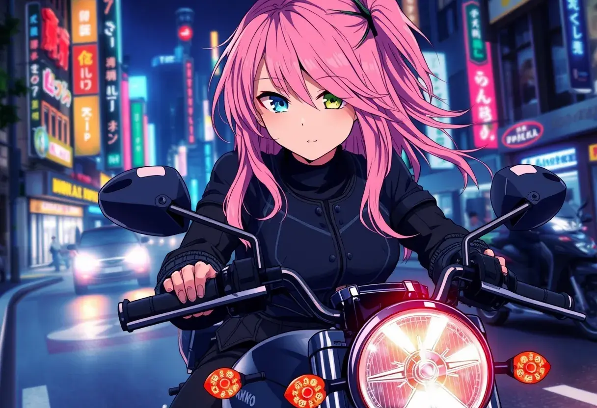 An anime-style illustration of a woman with pink hair and heterochromatic eyes (one blue, one green), riding her motorcycle through neon-lit city streets at night, Highly Detailed, Intricate, Half Body, Realistic