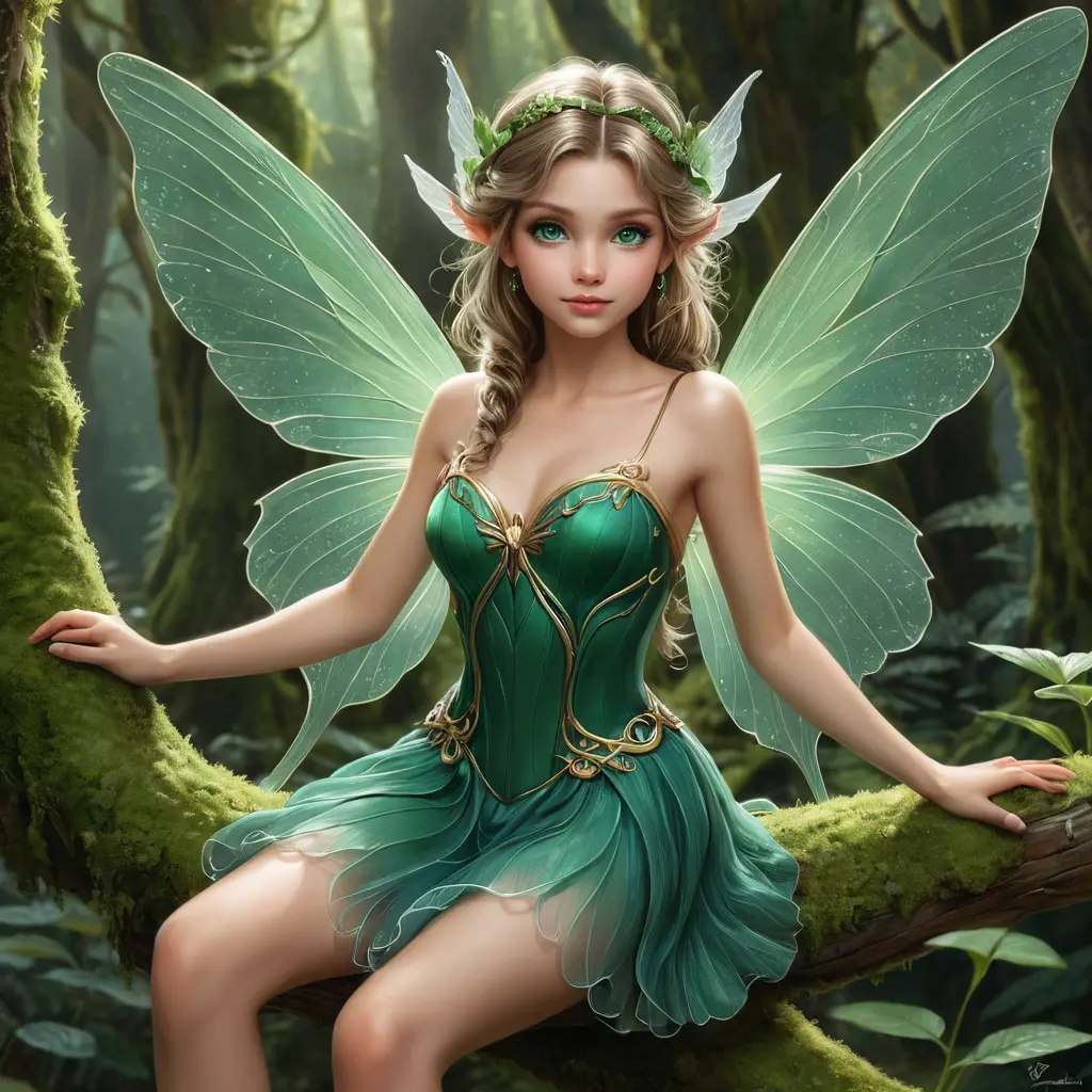 a mischievous fairy with delicate wings and sparkling emerald eyes, perched on a mossy branch, Highly Detailed, Half Body, Gorgeous, Stunning, Elegant by Stanley Artgerm Lau