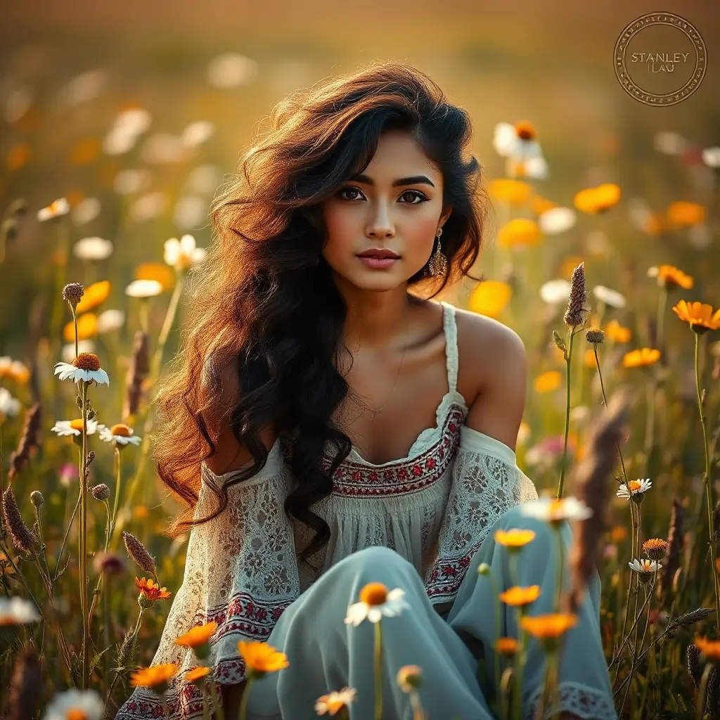 A beautiful woman with dark curly hair, wearing a bohemian dress, sitting in a sunlit meadow filled with wildflowers, soft-focus background, ethereal atmosphere, warm golden tones, natural beauty, Highly Detailed, Half Body, Gorgeous, Stunning, Elegant by Stanley Artgerm Lau