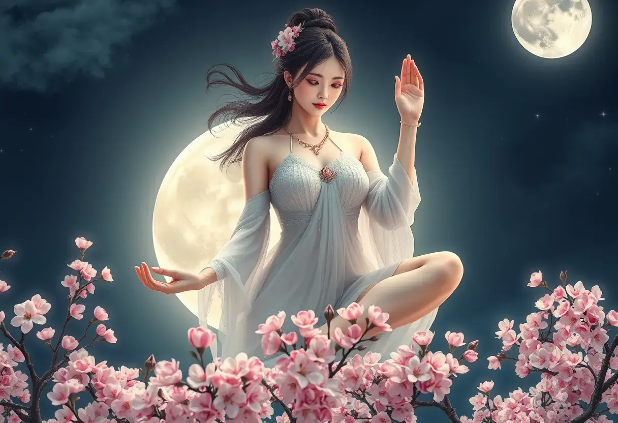 A surreal scene featuring a woman with almond-shaped eyes and porcelain skin, floating gracefully in a lotus position above blooming cherry blossom trees under a full moon, Highly Detailed, Intricate, Half Body, Realistic