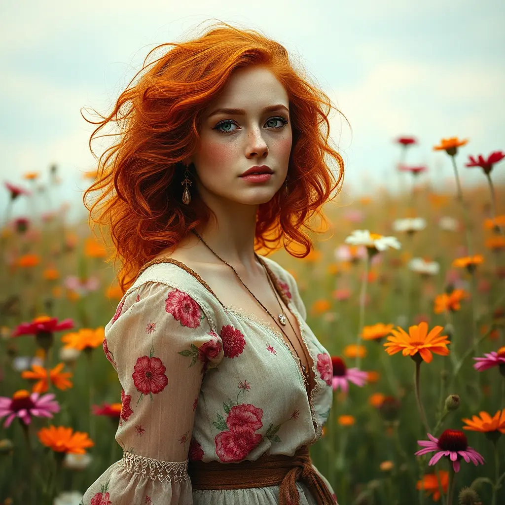 A vibrant woman with a cascade of fiery red curls, freckles, and a bohemian dress with floral patterns, amidst a field of blooming wildflowers at the peak of spring, Highly Detailed, Half Body, Gorgeous, Stunning, Elegant by Stanley Artgerm Lau