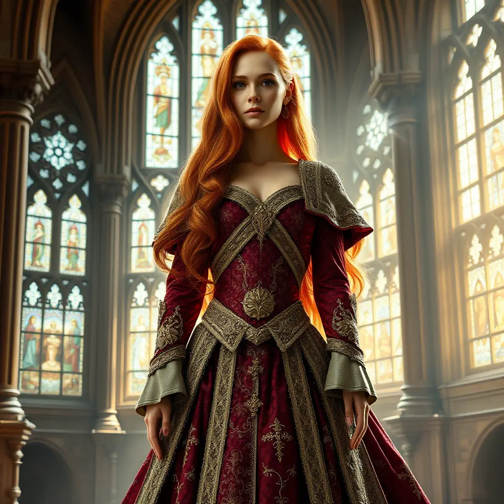 A stunning woman with long red hair, wearing an intricately detailed medieval gown, standing in a grand castle hall, the light streaming through stained glass windows, regal and majestic, Highly Detailed, Half Body, Gorgeous, Stunning, Elegant by Stanley Artgerm Lau