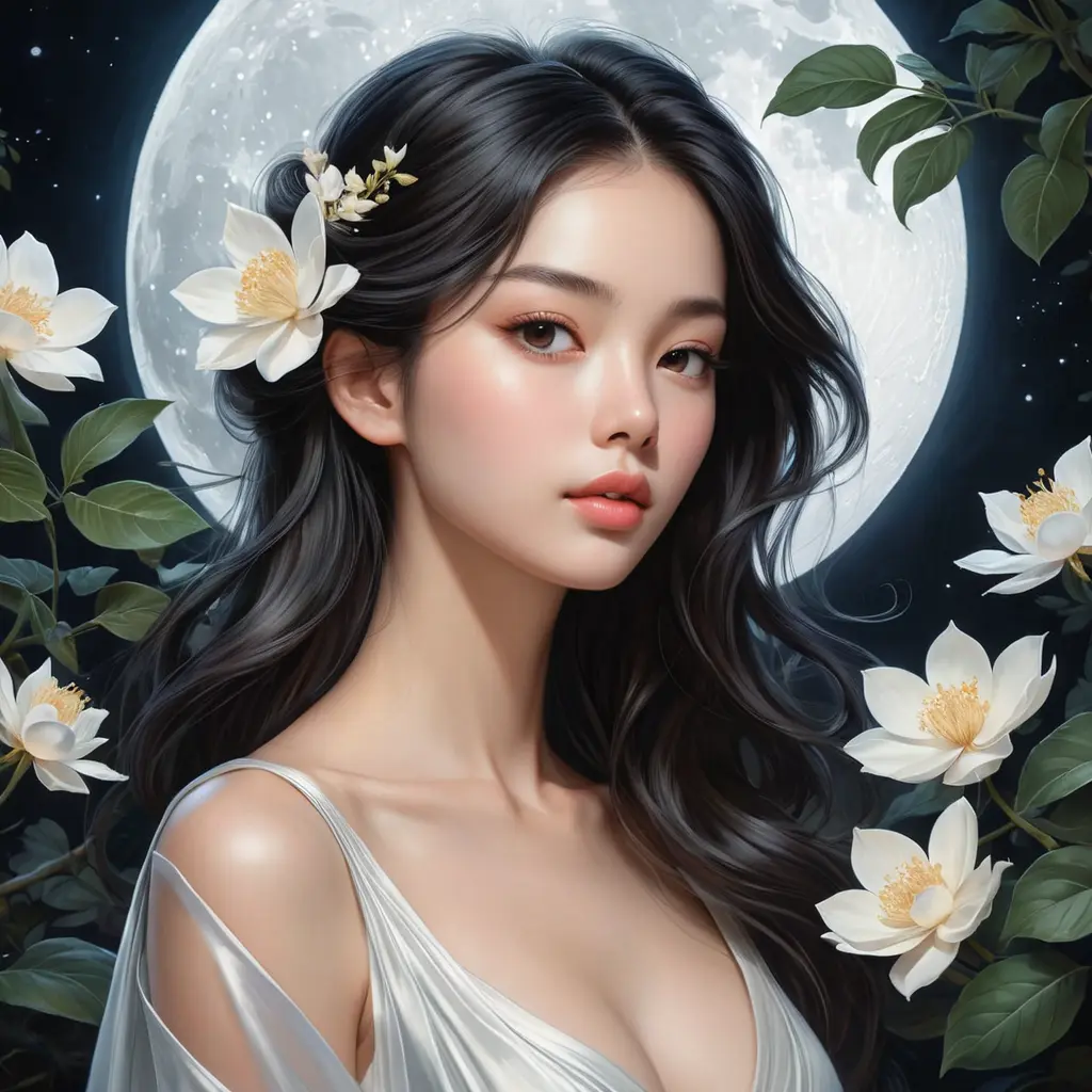 A serene and ethereal woman with delicate, petal-like features, amidst a moonlit garden, Highly Detailed, Half Body, Gorgeous, Stunning, Elegant by Stanley Artgerm Lau