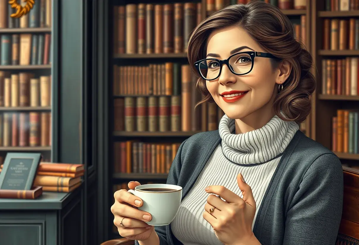 Woman with glasses and a kind smile, holding a cup of coffee while sitting quietly in an antique bookstore, Highly Detailed, Intricate, Half Body, Realistic