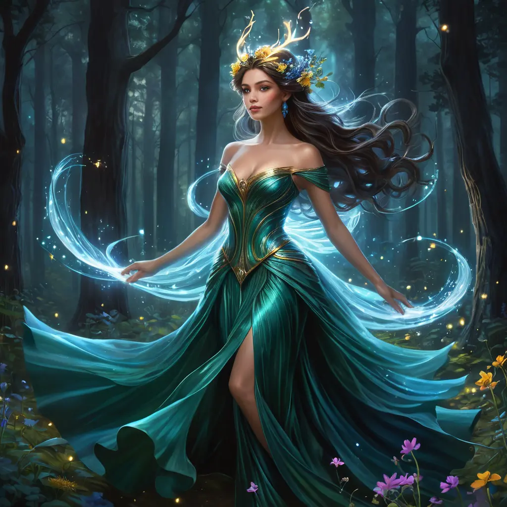 A mystical sorceress in a dark forest, her luminescent gown shimmering with magic, wildflowers blooming at her feet, casting spells as swirling lights dance around her., Highly Detailed, Half Body, Gorgeous, Stunning, Elegant by Stanley Artgerm Lau