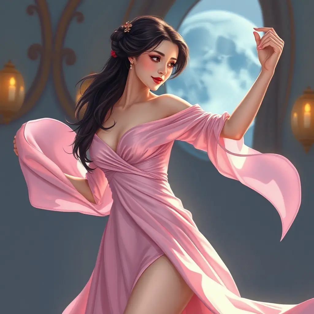 A graceful illustration of a woman with striking almond-shaped eyes and porcelain skin, dancing alone in a moonlit ballroom, her delicate pink silk dress billowing around her., Highly Detailed, Half Body, Gorgeous, Stunning, Elegant by Stanley Artgerm Lau