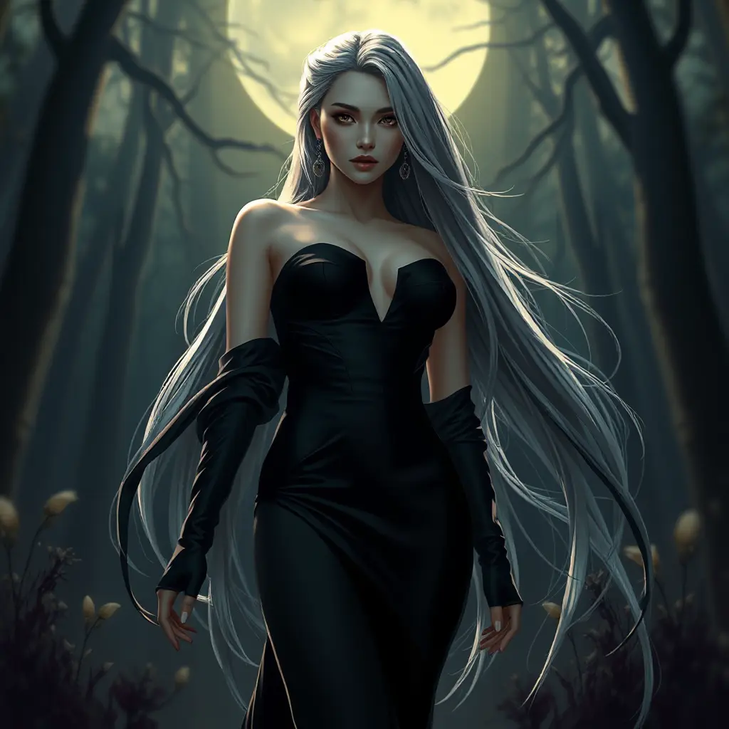 A mysterious woman with long silver hair, dressed in a sleek black gown, standing in a moonlit forest, shadows casting over her face, a mystical aura surrounding her, dramatic lighting, high contrast, Highly Detailed, Half Body, Gorgeous, Stunning, Elegant by Stanley Artgerm Lau