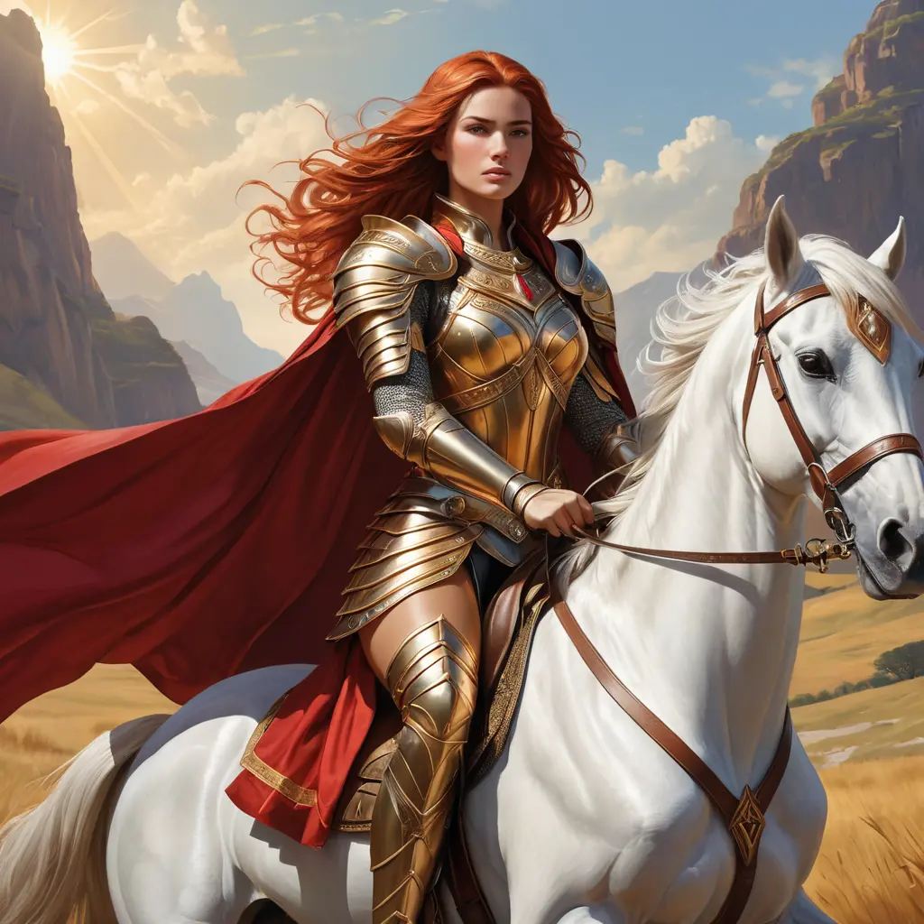 A powerful depiction of a warrior queen with sun-kissed skin and fiery bronze hair, astride a magnificent white steed, leading her army into battle, clad in gleaming armor and a crimson cloak., Highly Detailed, Half Body, Gorgeous, Stunning, Elegant by Stanley Artgerm Lau