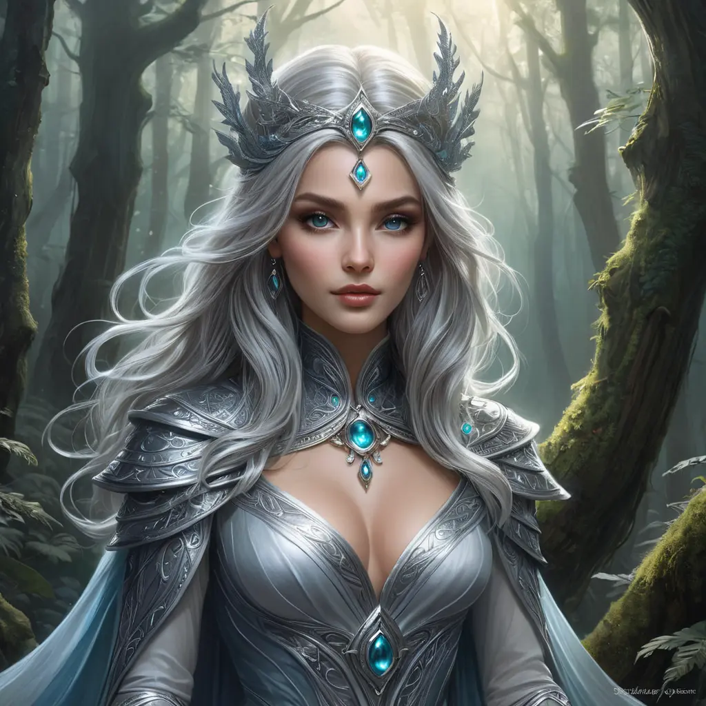 A mystical and enigmatic sorceress with eyes that shimmer like starlight, amidst a dreamlike, mist-shrouded forest, Highly Detailed, Half Body, Gorgeous, Stunning, Elegant by Stanley Artgerm Lau