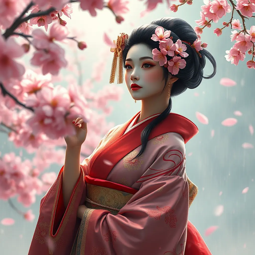 A graceful Japanese geisha in traditional attire during a cherry blossom storm, Highly Detailed, Half Body, Gorgeous, Stunning, Elegant by Stanley Artgerm Lau