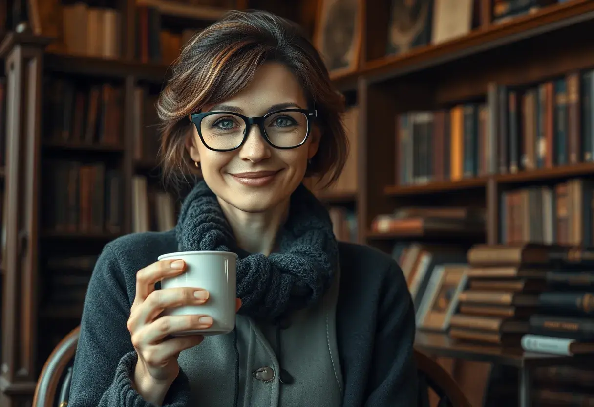 Woman with glasses and a kind smile, holding a cup of coffee while sitting quietly in an antique bookstore, Highly Detailed, Intricate, Half Body, Realistic