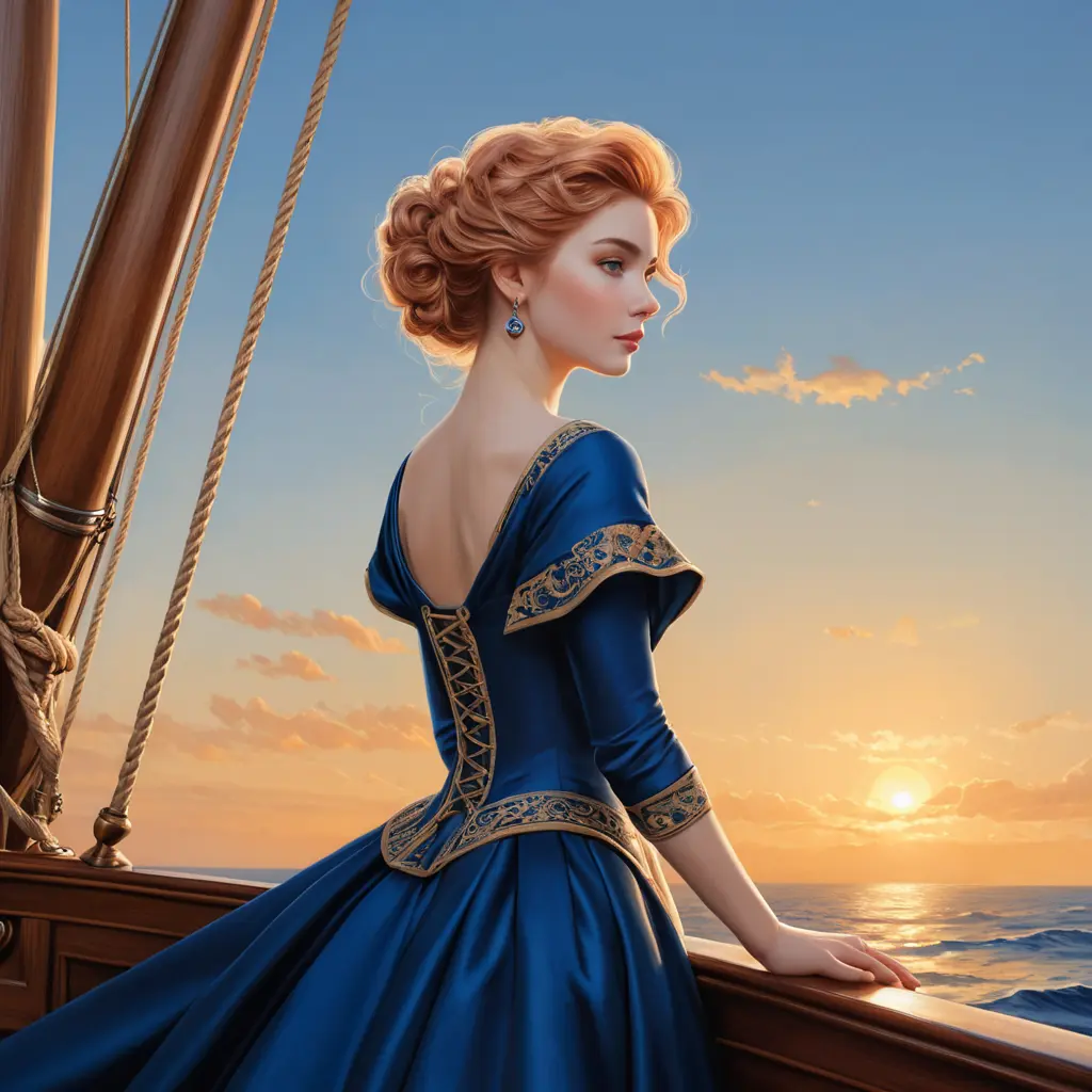 An exquisite illustration of a woman with porcelain skin and rose-gold hair, posing gracefully on the bow of a historic sailing ship, wearing a period-accurate gown in rich sapphire blue, as she looks out towards the horizon at sunset., Highly Detailed, Half Body, Gorgeous, Stunning, Elegant by Stanley Artgerm Lau