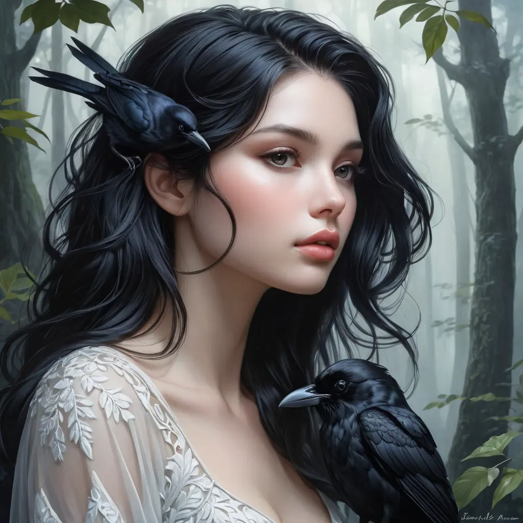 A serene moonlit beauty with porcelain skin and raven hair, lost in thought beneath a misty forest canopy., Highly Detailed, Half Body, Gorgeous, Stunning, Elegant by Stanley Artgerm Lau